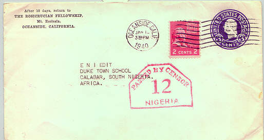 rosicrucian amorc letter to calabar nigeria with censorship stamp1940