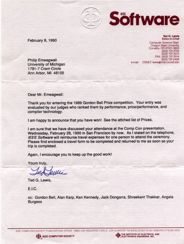 1989 Gordon Bell Prize notification letter