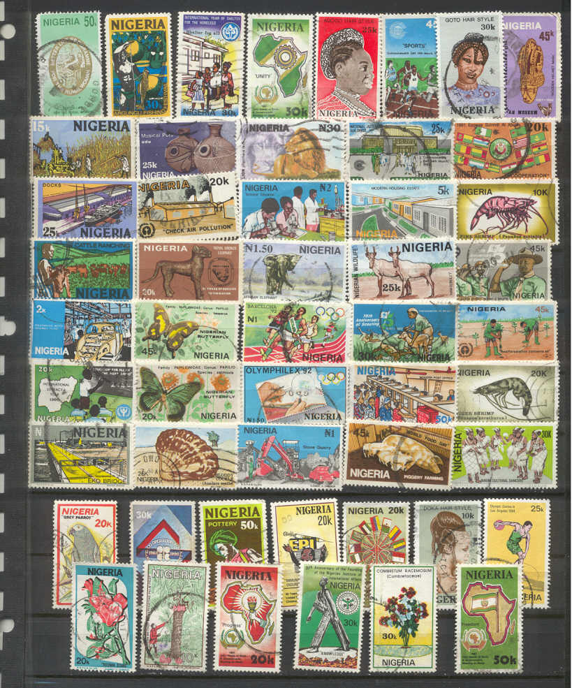 Fifty Nigerian postage stamps