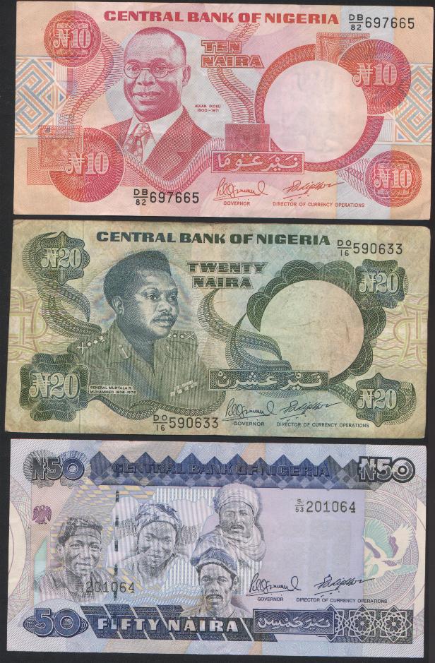 Nigeria ten, twenty and fifty naira bank notes