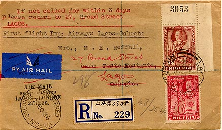 Nigerian returned registered mail, 1936